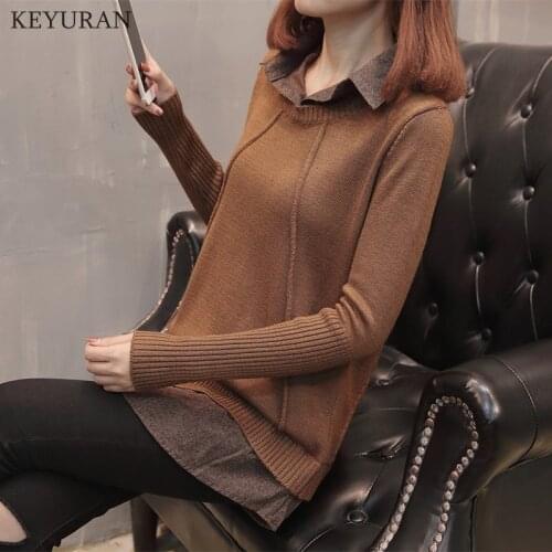2020 New Women Tops Fake Two-Piece Shirt Turn-Down Collar Knitted Tops Slim Fashion Clothing Female Sweater Pullovers Plus Size