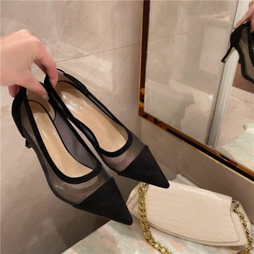 2021 New Lady Shoes Lace Womens High Heels Shoes Flock Shallow Female Elegant OL Office Shoes Pointed Toe Fashion Women Pumps