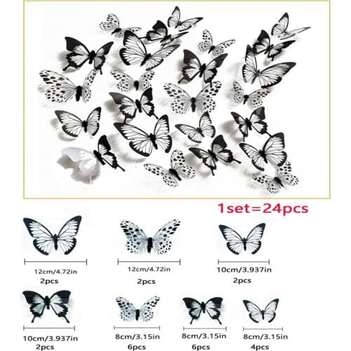 24 Pcs Black White 3D Butterfly Wall Stickers Home Decor Living Room Wedding Decoration Bedroom Butterflies Decals Sticker