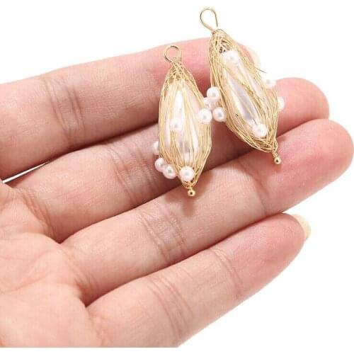 4pcs Real Gold Plated Brass 11*34mm Wire Wrapped Pearls Charm Pendents Accessories For Women DIY Jewelry Earring Making Findings