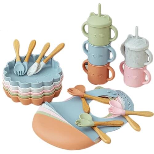 5pcs Baby Silicone Feeding Training learning Tableware Fork Spoon Cup Bib Bowl Non-Slip Feeding Tableware Baby Products BPA Free
