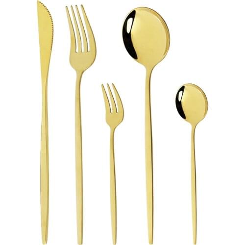 5Pcs Gold Dinnerware Cutlery Set 18/10 Stainless Steel Kitchen Flatware Mirror Polishing Dinner Fork Spoon Knife Tableware Set