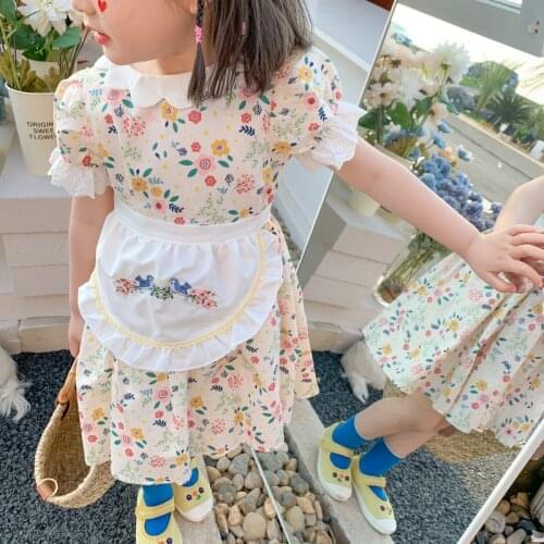 MILANCEL 2021 Summer New Kids Clothes Korean Short Sleeve Dress Floral Cotton Girls One Piece with Apron