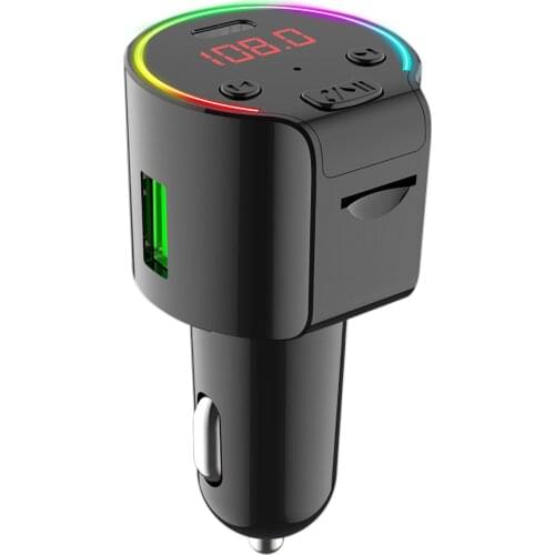 New Car Bluetooth5.0 FM Transmitter Type-C QC 3.0 USB Charger TF Card Player 7-Color Atmosphere Light Mp3 Player Lossless Music