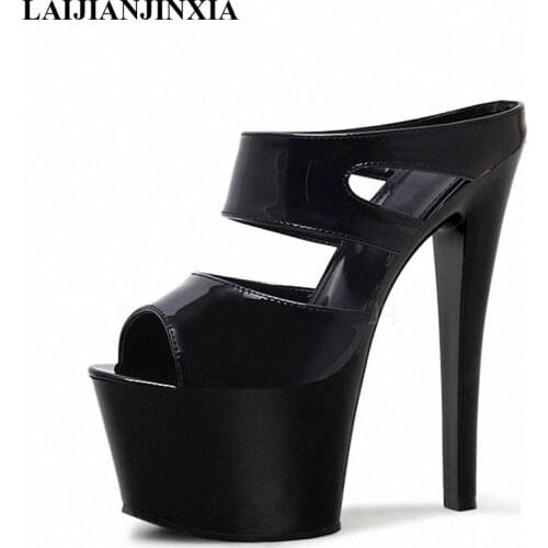 LAIJIANJINXIA New Slippers Summer Style Catwalk Shows Flash Piece of steel Pipe Shoes Sexy Ultra High Heels 17 cm Summer Shoes