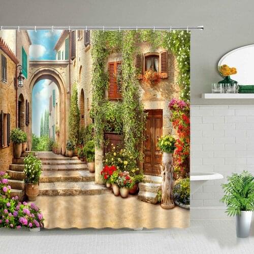 Landscape Shower Curtains American Building Street Garden Green Vine Flower Scenery Print Bathroom Screen Background Wall Decor