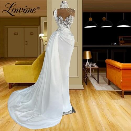 Lowime Illusion Pearls Dubai Ivory Party Dresses 2021 Sexy High Neck Long Mermaid Arabic Prom Dresses African Women Evening Wear
