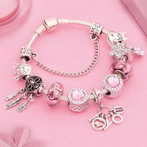 Cute Pink Crystal Bead Bracelet Flower Dream Catcher Charm Bracelet I Love You Little Priceness Prince Bracelet Girl Gift