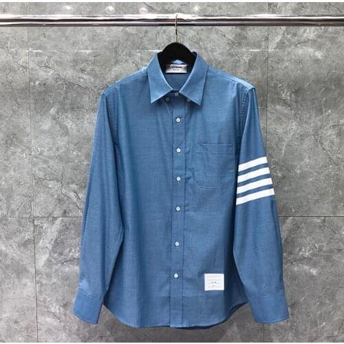 2021 Fashion TB THOM Brand Shirts Men Slim Blue Long Sleeve Casual Shirt Slim Turn Down Collar Oxford Solid Mens Clothing