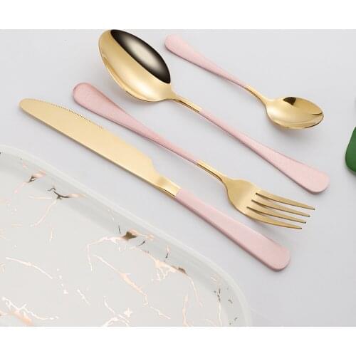 4Pcs Pink Gold Glossy Stainless Steel Cutlery Tableware Set Dinnerware Flatware Set Forks Knives Spoons Set Wedding Silverware