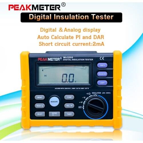 PEAKMETER MS5205 Digital Insulation Resistance Meter 0.01-100G ohm 250V-2500VTester Analogue Megohm Meter