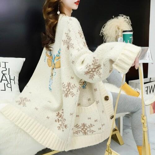 Christmas clothes Thickened red sweater cardigan medium long autumn winter loose Christmas knitted cardigan