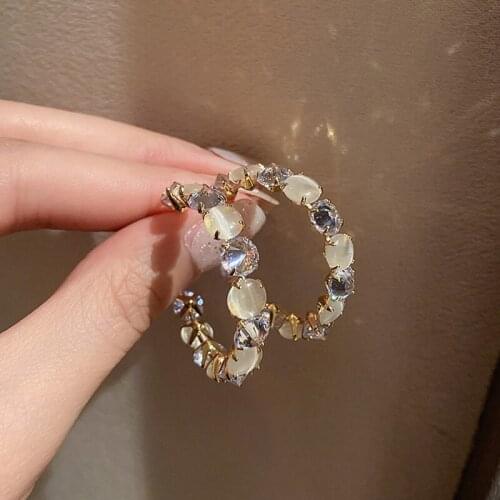 Korean Fashion Luxury Geometric Zircon Opal Gold Color Hoop Earrings For Women Simple Circle Pendant Open Earrings Jewelry Gift