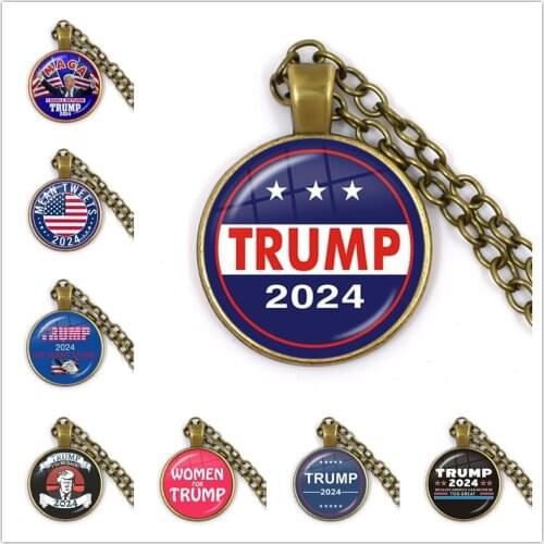 Trump 2024 American Election Glass Cabochon Necklace 3D Print Bronze Pendant Necklaces Jewelry For Women Men