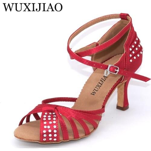 WUXIJIAO Latin Dance Shoes Salsa Women Wine red Unique Tailoring Design Satin Shoes For Ballroom Dancing Rhinestone Tango Shoes