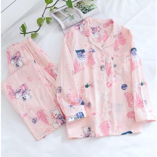 Spring/summer Pajamas Women Pure Cotton Gauze Long Sleeve Sleepwear Sets Ladies Thin Cartoon Cardigan Soft Comfortable Homewear