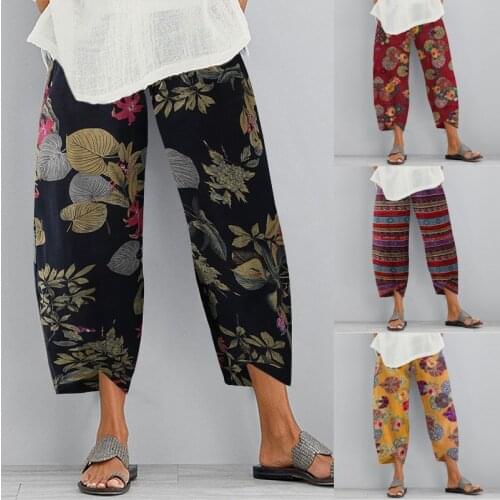 2021 ZANZEA Vintage Harem Pants Womens Print Trousers Casual Floral Long Pantalon Palazzo Female Elastic Waist Turnip Oversized