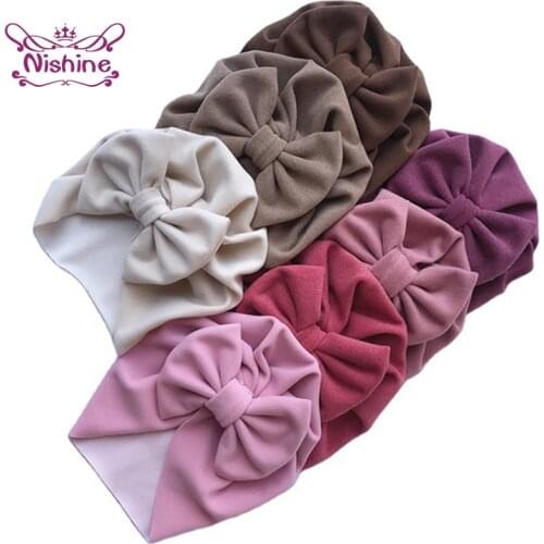 Nishine High Quality Imitation Cashmere Baby Girls Hats Solid Color Handmade Bowknot Caps Infant Bows Headwear Kid Birthday Gift