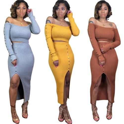 Knitted Button Splicing Womens Tracksuit Skirt Off Shoulder Crop Tops High Waist Side Split Skirts Street Wear Two Piece Set