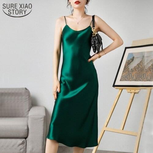 2021 Woman Dress Satin Sleeveless Spaghetti Strap Straight Solid Luxury Shiny Sundress Sexy Imitation Silk Dress Green 13115