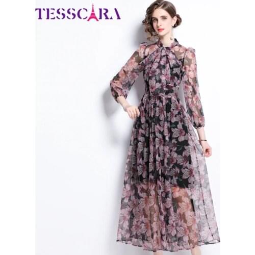 TESSCARA Women Elegant Floral Chiffon Dress Festa High Quality Long Maxi Vinatge Party Robe Femme Runway Bow Designer Vestidos