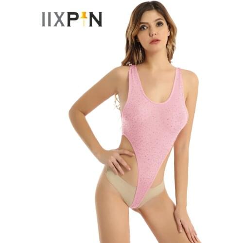 Womens Lingerie Thong Bodycon Bodysuit Scoop Neck Rhinestone Erotic Sexy Bodysuit Swimsuit One Piece High Cut Leotard Jumpsuit