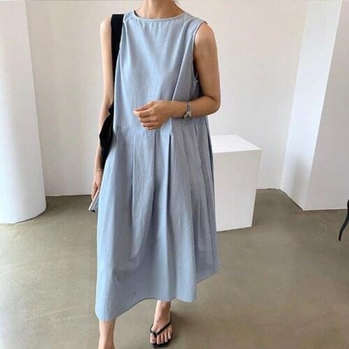 QPFJQD Ladies Button Sleeveless Solid Color Robes Clothes 2021 Summer Autumn Womens V-Neck A-Line Retro Shirt Dresses