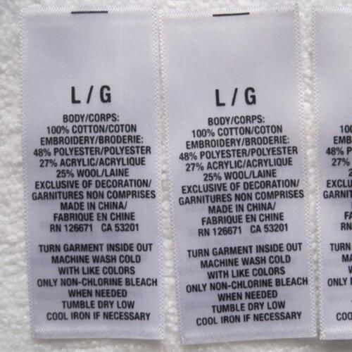 1000 pcs Custom print clothes white care label clothing satin washing tags 2.5 * 6.7 cm