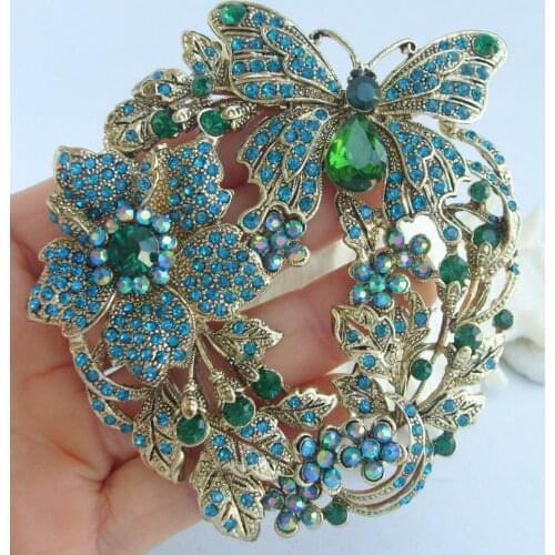 3.54" Pretty Blue Green Rhinestone Crystal Butterfly Brooch Pin Pendant EE04489C1