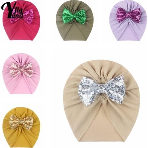 Yundfly Glitter Sequins Bowknot Toddler Caps Comfortable Warm Baby Turban Hat Fashion Bows Headwear Hair Accessories Kids Gift