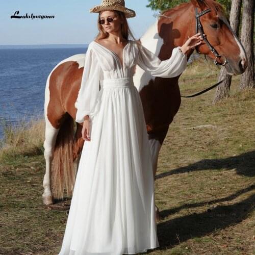Lakshmigown Elegant A Line Boho Wedding Dress Puffy Sleeves 2021 Plunging V Neck Chiffon Beach Wedding Gowns Open Back Floor