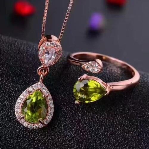 LANZYO 925 sterling silver Peridot Jewelry Sets Fine Jewelry Ring Necklace Pendant Women Bridal 45cm Box Chain tz060802agg