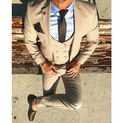 Men Suits 2020 New Vintage Classic Suit Champagne Grey Suit Smoking Masculino Banquet Wedding Prom Suit(Blazer+Vest+Pants)