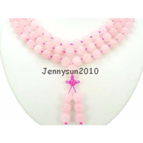 Natural Rose Qua-rtz 10mm Gems Stone Buddhist 108 Beads Prayer Mala Knot Necklace Multi-Purpose 5Strands/Pack