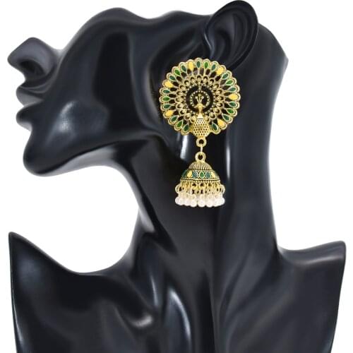 Peacock Open Drop Oil Flower Gold Alloy Hollow Out Indian Vintage Earrings For Women Pearl Tassel Lantern Pendant Earrings