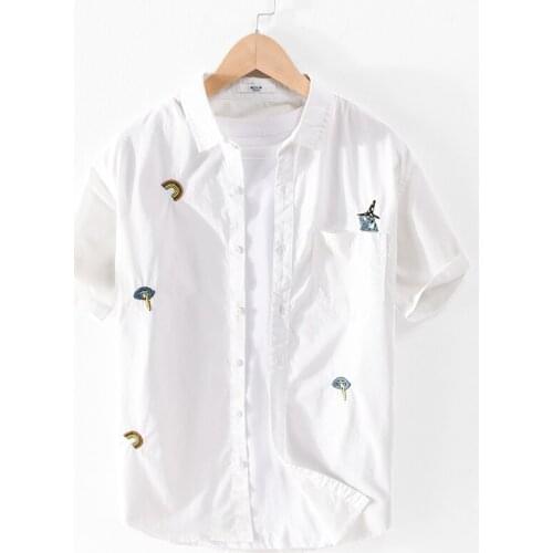 Embroidered summer short sleeve pure cotton white shirt men fashion comfortable casual shirts men chemise camisa tops mens