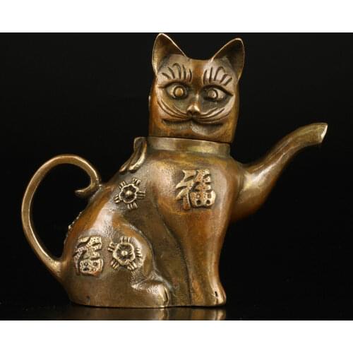 Collectable Chinese Pure Brass Carved Animal Lovely Blessing Cat Recruiting Money Teapot Exquisite Small Statues