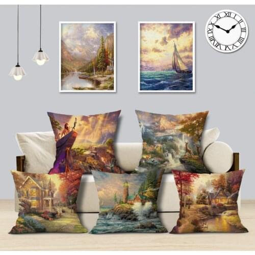 Thomas Rural Forest Scenic Dreamy Village Town Scene Sailboat Lighthouse Sofa Decoration Pillow Case Scenery Cushion Cover