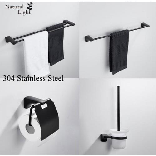 304 Stainless Steel Single/Double Towel Rack, Toilet Paper Holder, Toilet Brush, Matte Black, Bathroom Hardware Accessories
