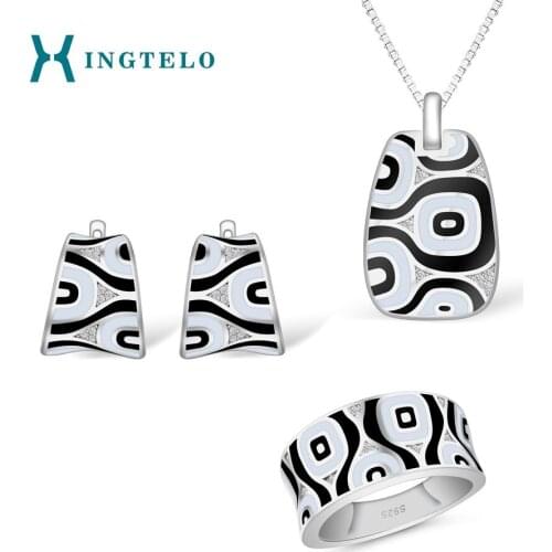 XINGTELO 925 Sterling Silver Bridal Jewelry Set for Women White and Black Enamel Inlaid Crystal Earrings Ring Pendant Chain Set