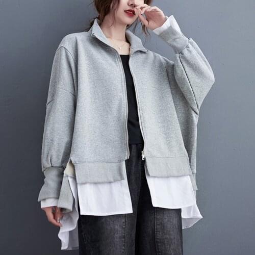 2021 Womens Korean Style Zipper Hoodies Coats Fake Two-Piece Stand Collar Stitched Irregular Loose Cardigan Jacket Sweatshirts