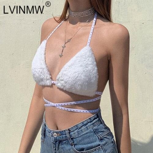 LVINMW Sexy Hanging Neck Front Cross Drawstrings V Neck Crop Top 2020 Summer Women Velvet Purple Fashion Chic Club Party
