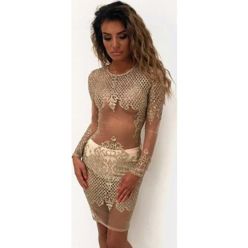 U-SWEAR Women Sexy Long Sleeve Mesh See Through Sequined Dresses Ladies Hollow Out Lace Evening Party Elegant Bodycon Dress