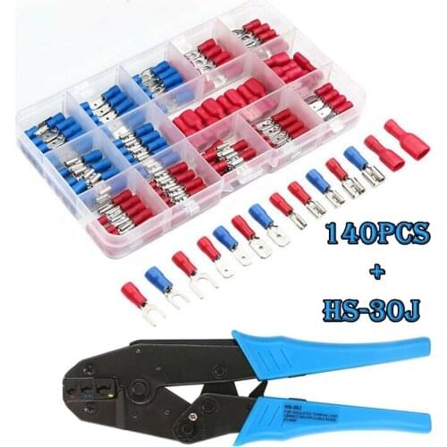140PCS Spade Terminals Insulated Cable Connector Electrical Wire Crimp Butt Fork Connectors Set + Crimping Plier HS-30J