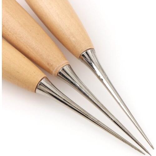 2Pcs Wood Color Leather Craft Tip Awl Hand Sewing Tool Leather Edge Slicker Round Wood Kit Awl Hole Puncher