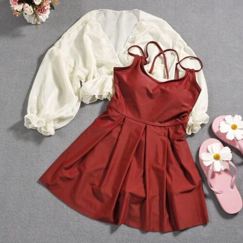 2021 Women Solid One Piece Swimwear Bathing Suit with Cover Up Swim Beach Dress Summer Sexy Swimsuit Swimdress Holiday Wear