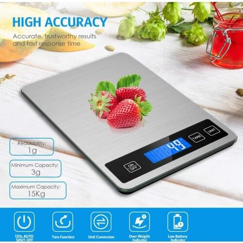 Food Scale 1g-15kg Digital Kitchen Scale High Accurate Multi-Function Back-Lit LCD Stainless Steel Scale for Cooking Baking