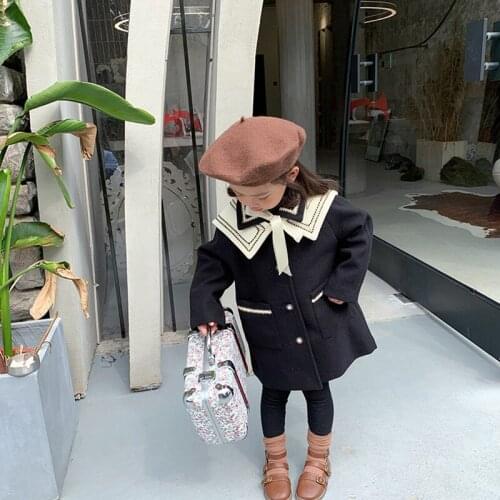 DFXD England Style Toddler Girls Long Woolen Coat Elegant Party Wear Winter Overcoat Bow Thick Kids Outwear Outfit For 2-8Yrs