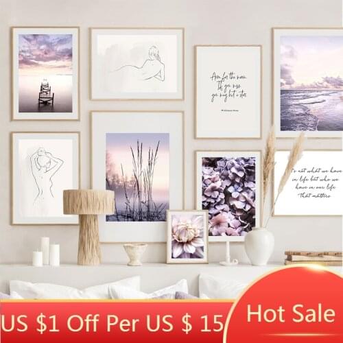 Purple Dahlia Hydrangea Reed Line Girl Canvas Painting Wall Art Nordic Posters And Prints Pictures For Living Room Decor