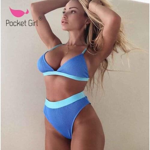 Pocket Girl 2021 Sports Ribbed Woman Swimsuit Female Sexy Colorblock High Waist Bikini Set Blue Swimwear Women Push Up Biquini